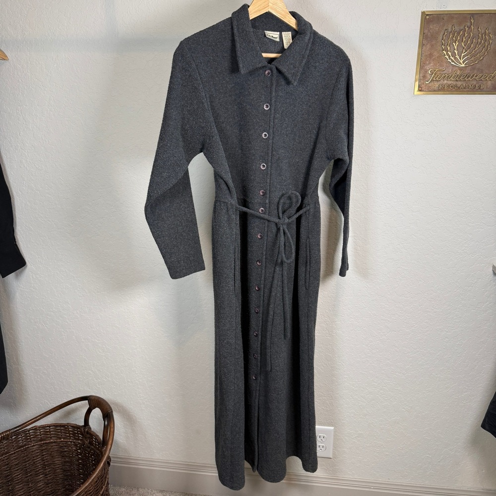 LLBean Women's Medium Charcoal Gray Button Front Long‎ Sleeve Maxi Dress